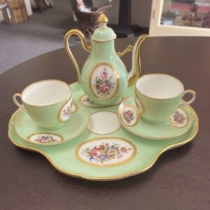 Rare Vintage Demitasse Tea set in mint green with hand painted floral motif
